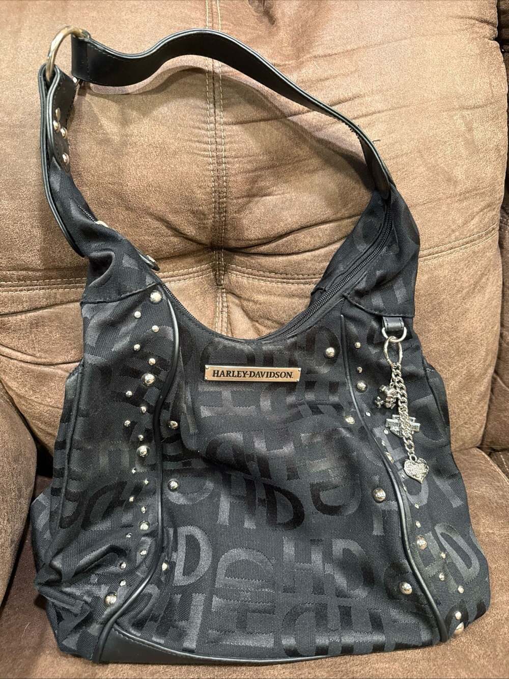 Harley-Davidson Black Jacquard Monogram Studded Hobo Shoulder Bag